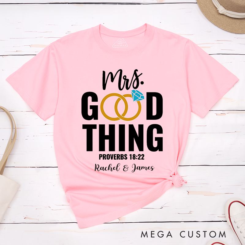 Personalized Proverbs 18:22 Bible Verse Classic T-Shirt with Name Crew Neck Shirt Christian Shirt Religious Gift Birthday Gift