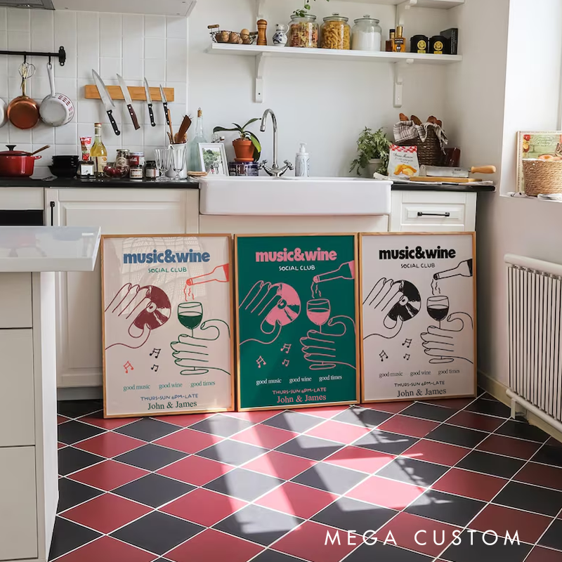 Personalized Music Poster Print Music & Wine Illustration Wall Art Wine Print Without Frame Wall Decor Retro Social Club Poster