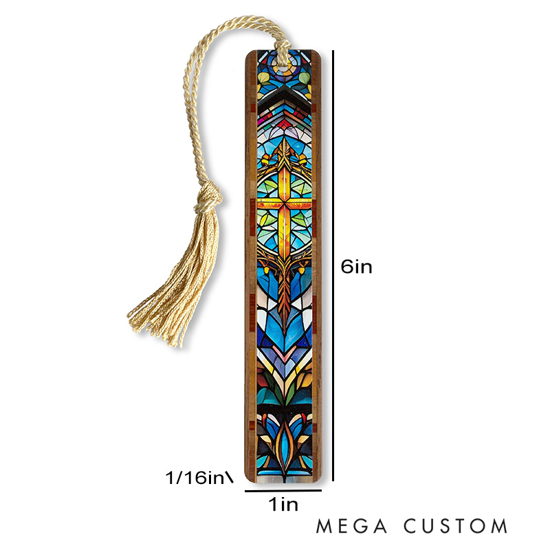 Personalized Gold Cross Stained Glass Design Handcrafted Wooden Bookmark with Tassel and Text Religious Gift for Christians Bookworms
