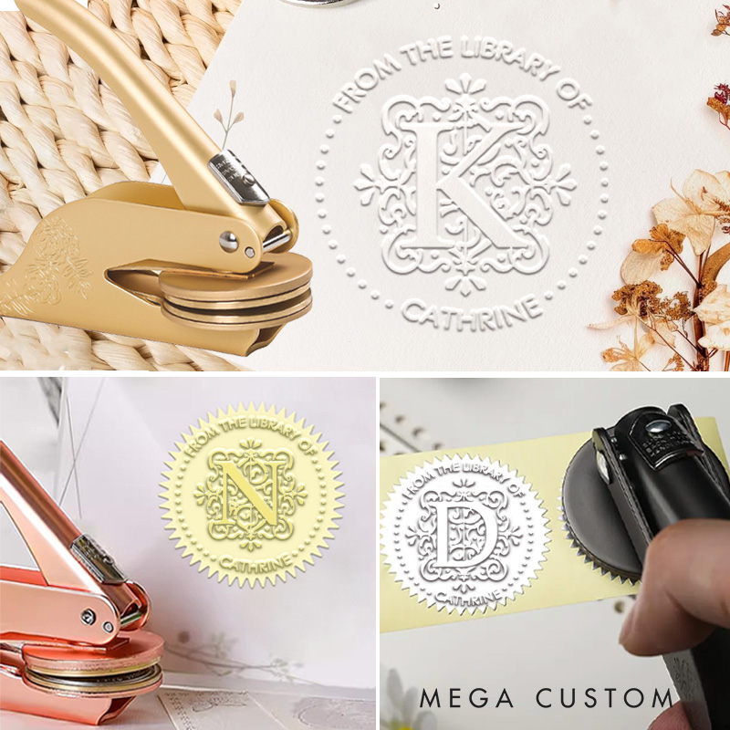 Personalized Gothic Monogram Hand Held Book Embosser Stamp Envelope Library Stamp with Initial and Text Birthday Gift for Book Lovers Reading Gift