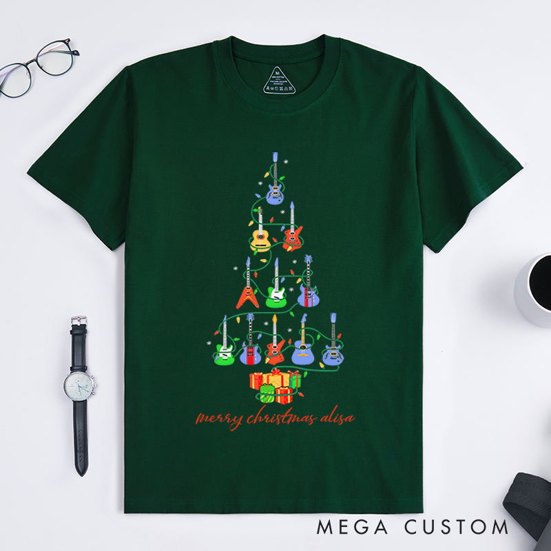 Personalized Classic T-Shirts Christmas Guitar Tree for Men and Women and Tee Guitar Musician Gift Top Music Ukulele Tree Shirt Christmas Gift