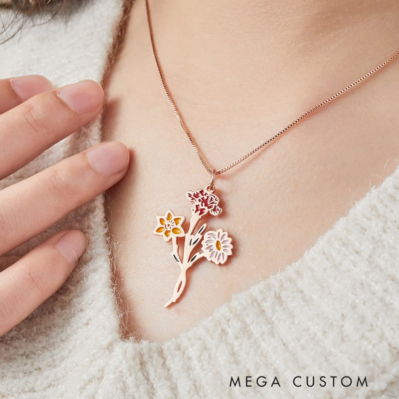 Personalized 1-7 Enamel Birth Flower Family Bouquet Pendant Necklace Birthday Mother's Day Gardening Loves Gift for Mom Grandma