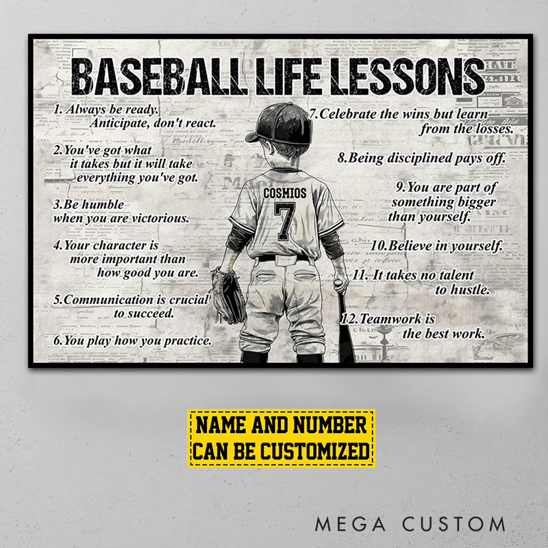 Personalized Baseball Life Lessons Wall Art Poster Without Frame with Custom Name and Number  