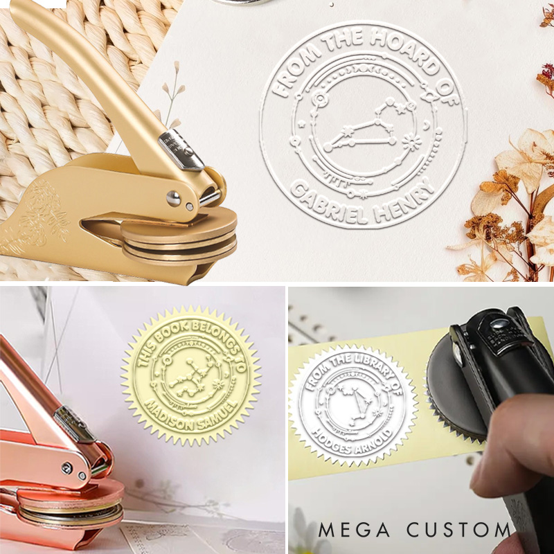 Personalized Zodiac Embosser Stamp Hand Held Embosser Set with Text and Name Birthday Gift for Book Lovers