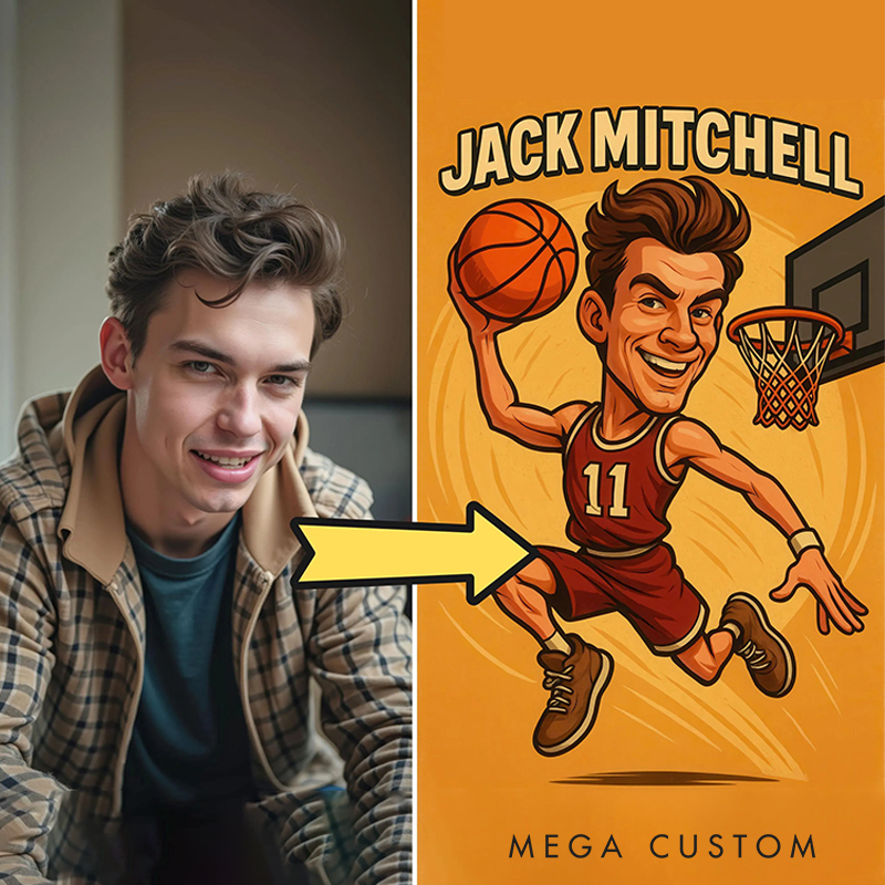 Personalized Borderless Basketball Caricature Poster Featuring Custom Name, Jersey Number, and Fun Illustration