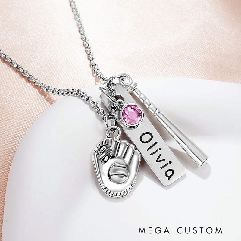 Personalized Birthstone Softball Baseball Bat Glove Necklace with Engraved Name Game Day Team Birthday Gift for Sports Lover