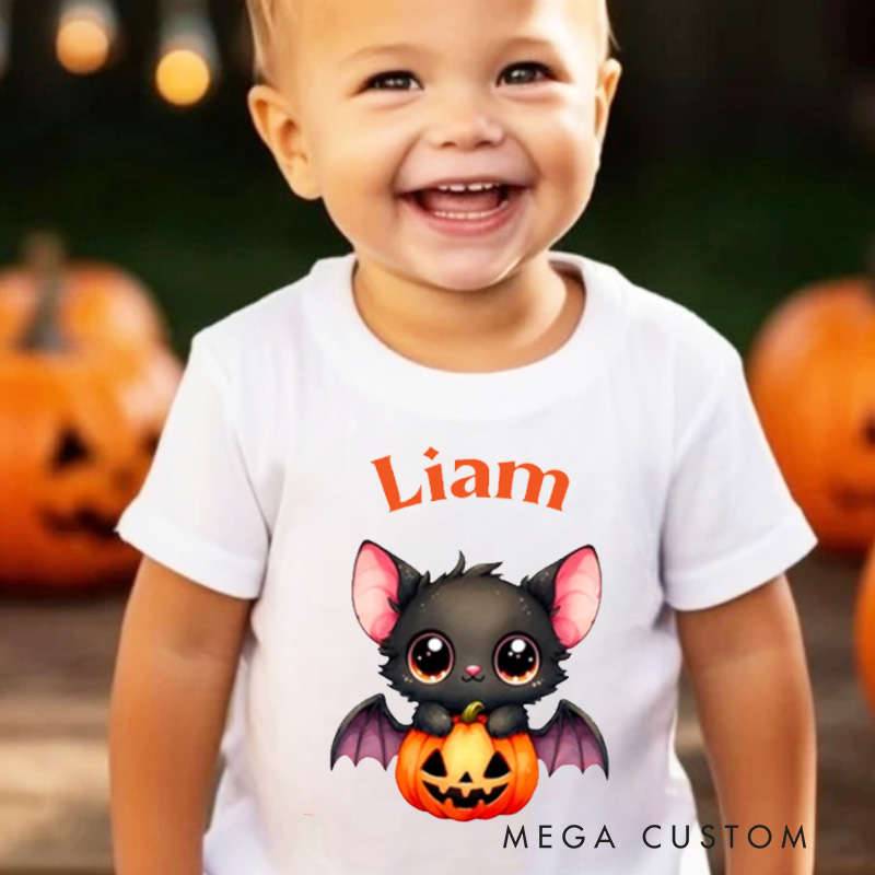 Personalized Cartoon Bat Pumpkin Kids Shirt with Name and Text Halloween Gift for Boys Girls