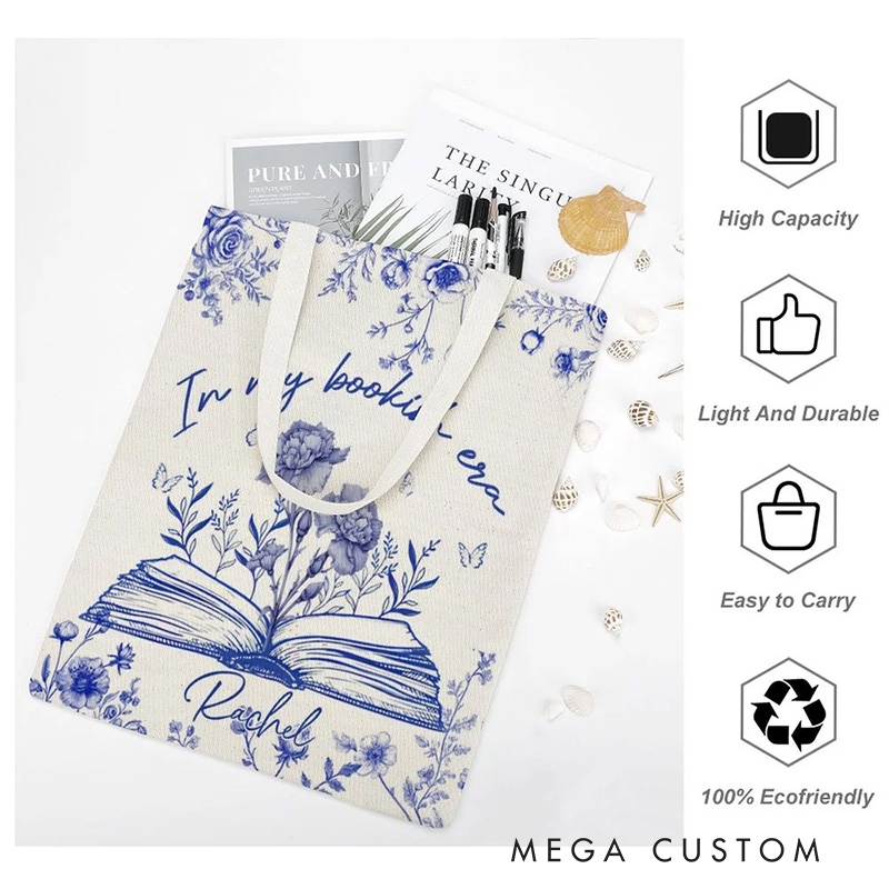 Personalized in My Bookish Era Toile Tote Bag Birth Flower Canvas Bag with Name Birthday Gift for Reading Lover Bookworm Bookish Gift