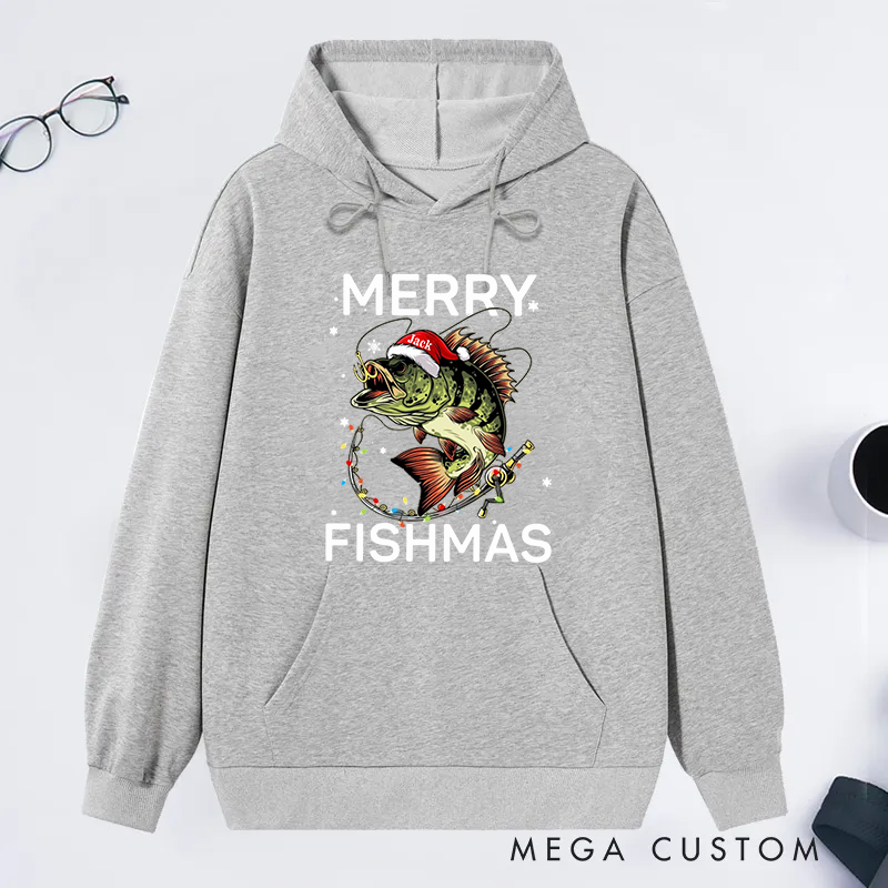 Personalized MERRY FISHMAS Fishing Hoodie Christmas Fishing Gift Funny Christmas Design Perfect Gift for Fishing Lover to Celebrate the Holiday Season