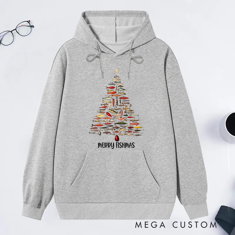 Personalized Fishing Hoodie Classic Hoodie Fishing Lure Christmas Tree Design Perfect Gift for Fishing Lover During the Holiday Season