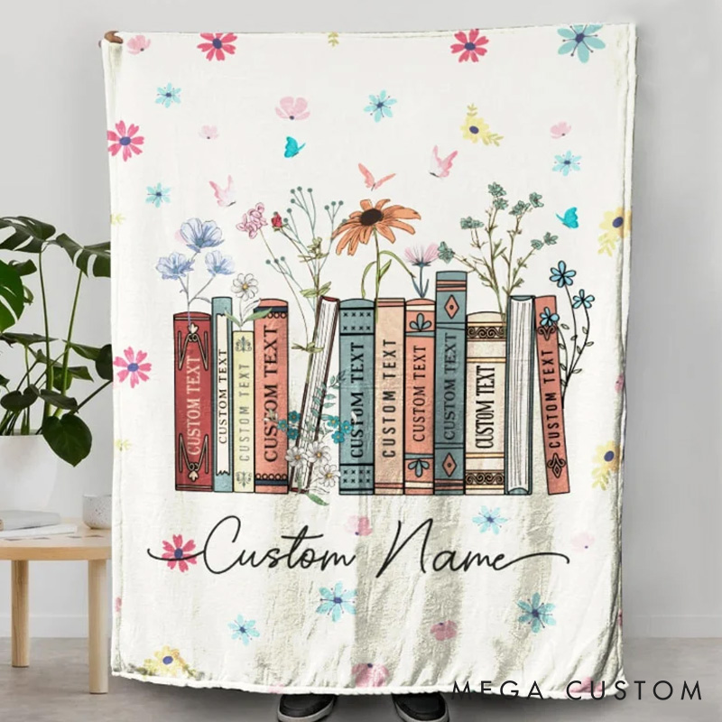Personalized Floral Book Throw Blanket Custom Books and Name Library Blanket Bookish Blanket with Name Book Lover Gift Librarian Gift