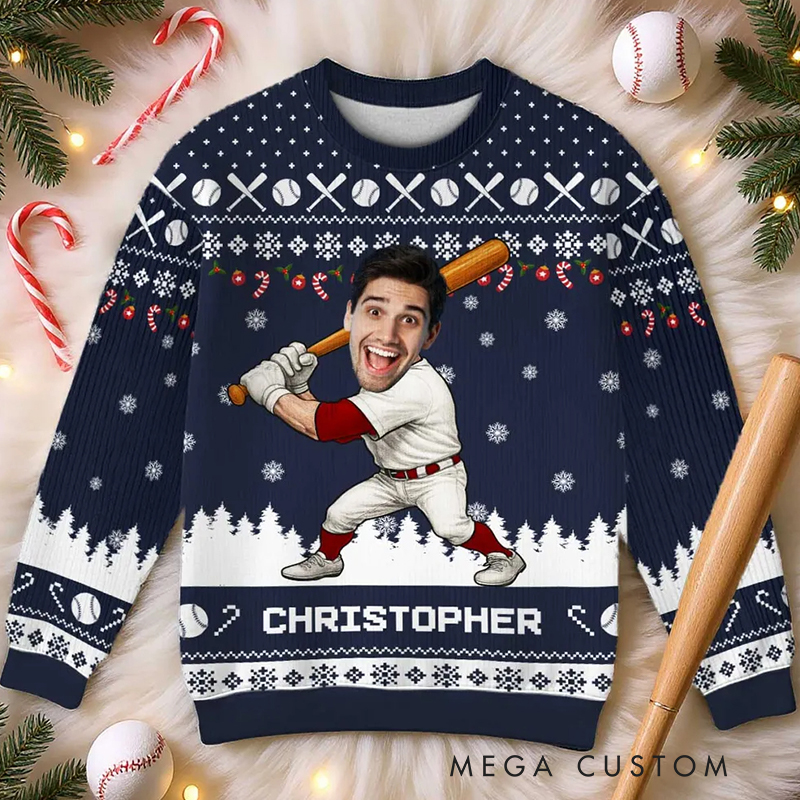 Personalized Baseball Christmas Ugly Sweatershirt with Custom Face and Name  