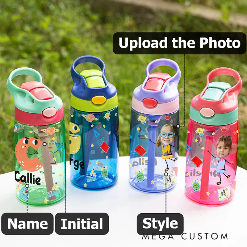 Personalized Colorful Cartoon Photo Name 16oz Kid's Water Bottle with Silicone Straw and Handle Birthday Back to School Gift for Boys Girls