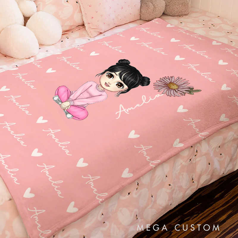 Personalized Blankets with Names Cartoon Character Heart Birth Flower Fleece Blanket for Kids