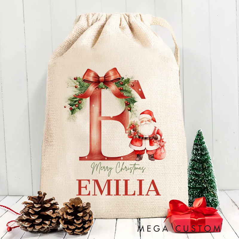 Personalized Santa Initial Merry Christmas Sack Drawstring Treat Bag with Name Christmas Party Favor Gift