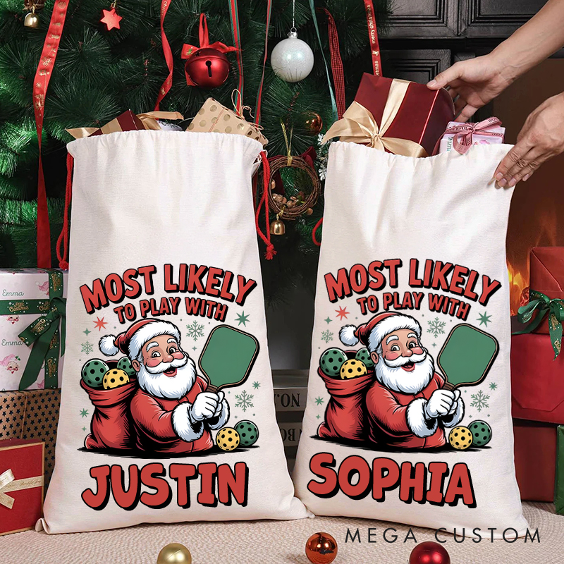 Personalized "Most Likely to Play Pickleball" Christmas Sack with Custom Name  