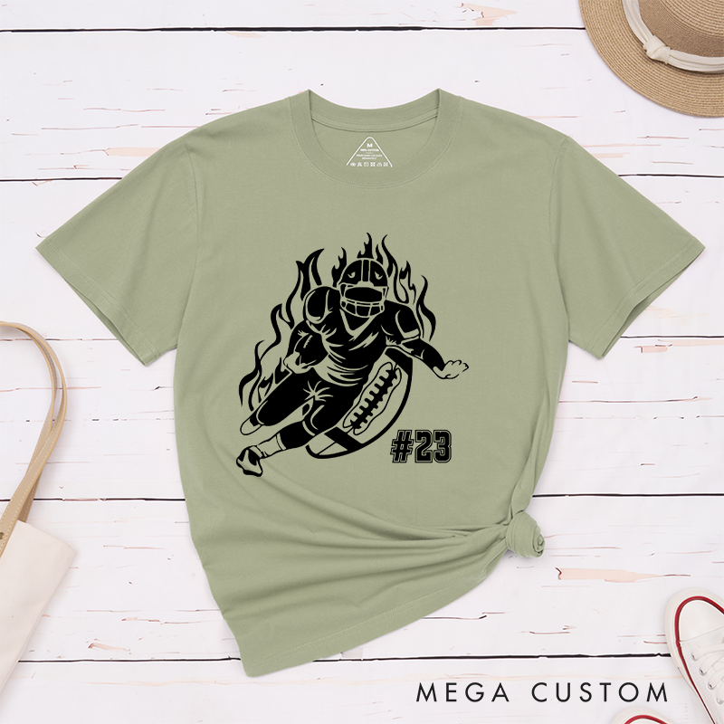 Personalized American Football Player T-Shirts Featuring Custom Number - Customizable Football Action Tee