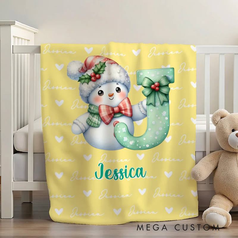 Personalized Santa Hat Snowman Initial Word Cloud Soft Throw Blanket with Name Home Decor Christmas Gift