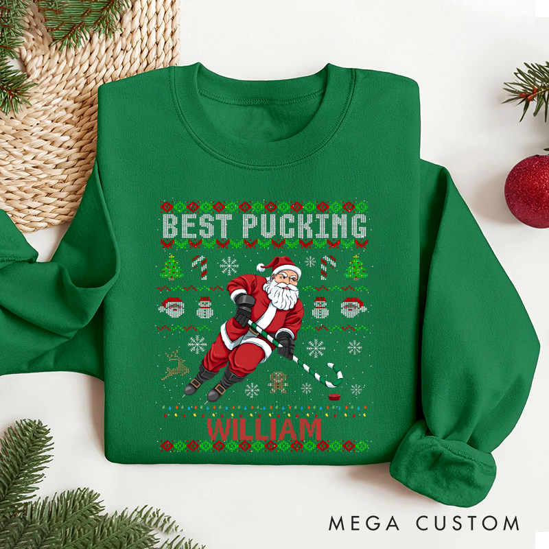 Personalized "Best Pucking" Hockey Christmas Sweater with Custom Name