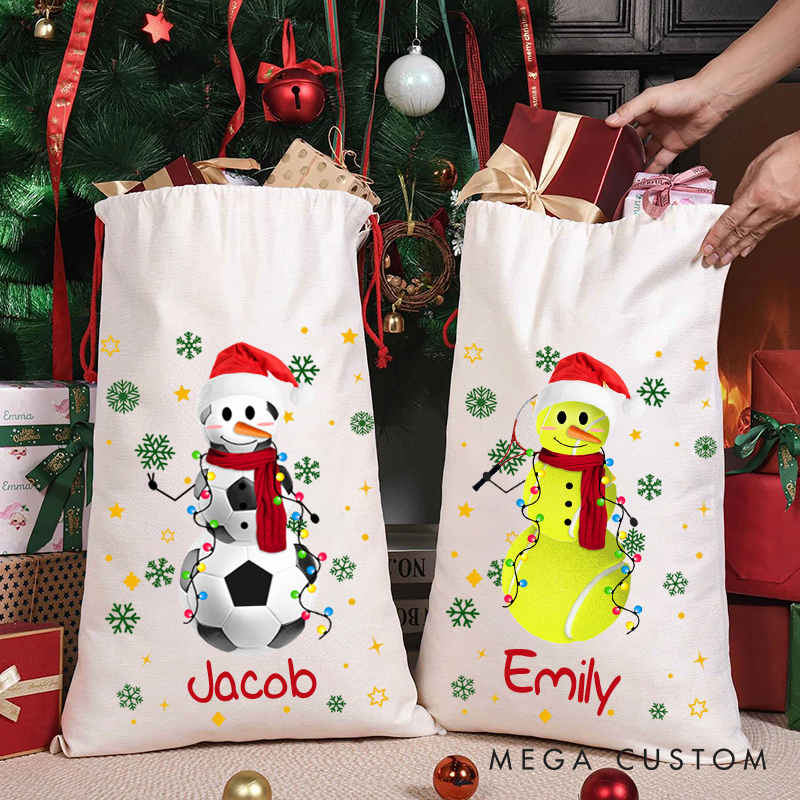 Personalized Christmas Sack with Snowman, Sports Theme, and Custom Name  