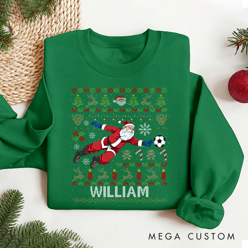 Personalized Soccer Christmas Sweater with Santa Design and Custom Name