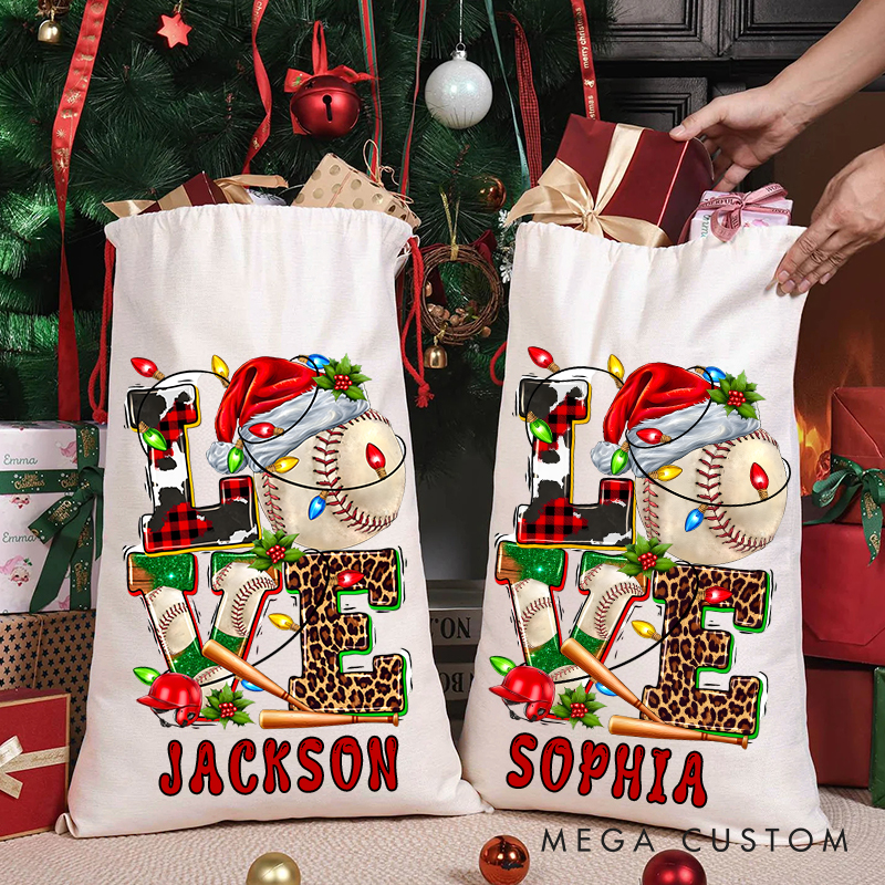 Personalized "Love Baseball" Christmas Sack with Custom Name Design