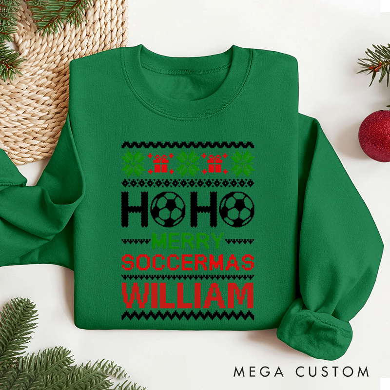 Personalized Soccer Christmas Sweatshirt with Festive Design and Custom Name