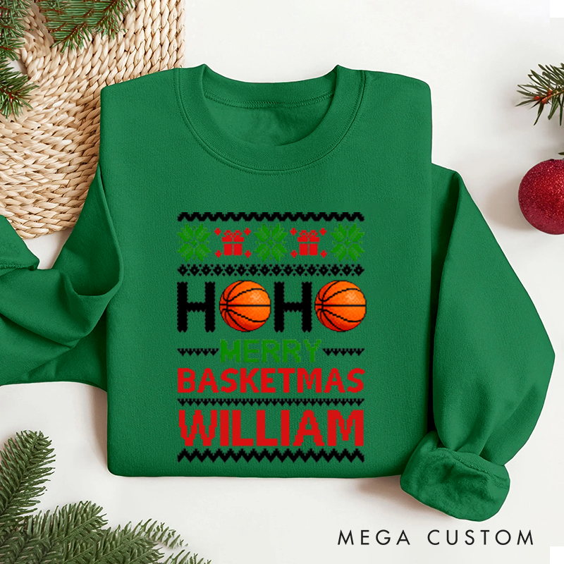 Personalized Basketball Christmas Sweatshirt with Festive Design and Custom Name