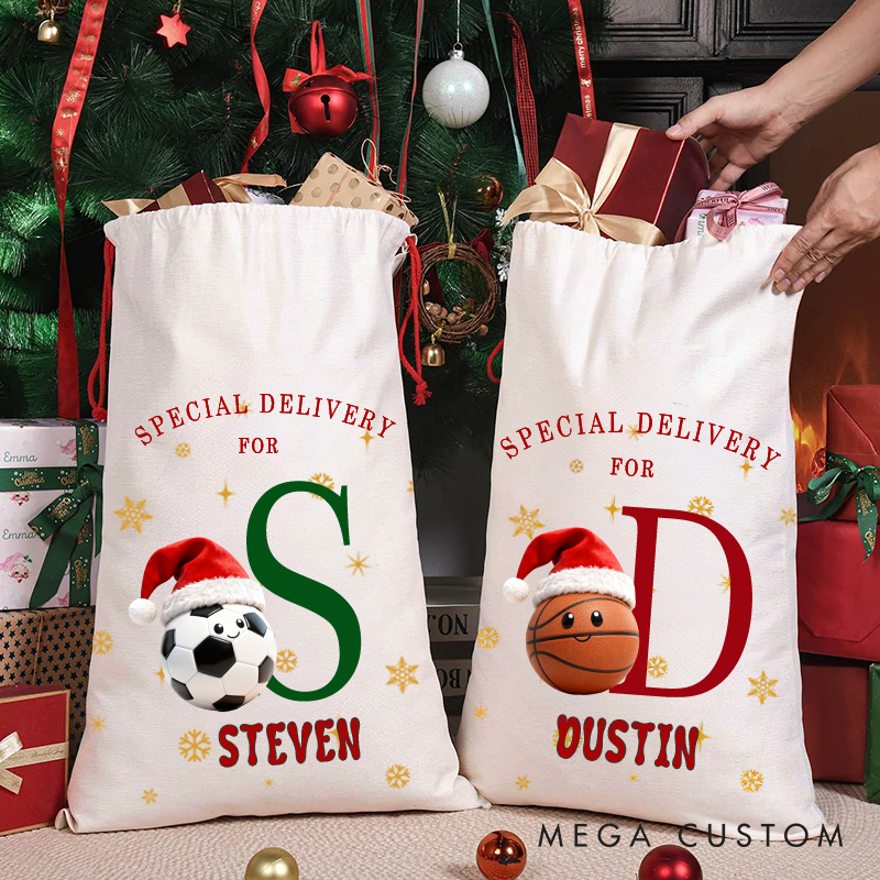 Personalized "Special Delivery" Christmas Sack with Sporty Santa Hat Design and Initials and Sport Icon