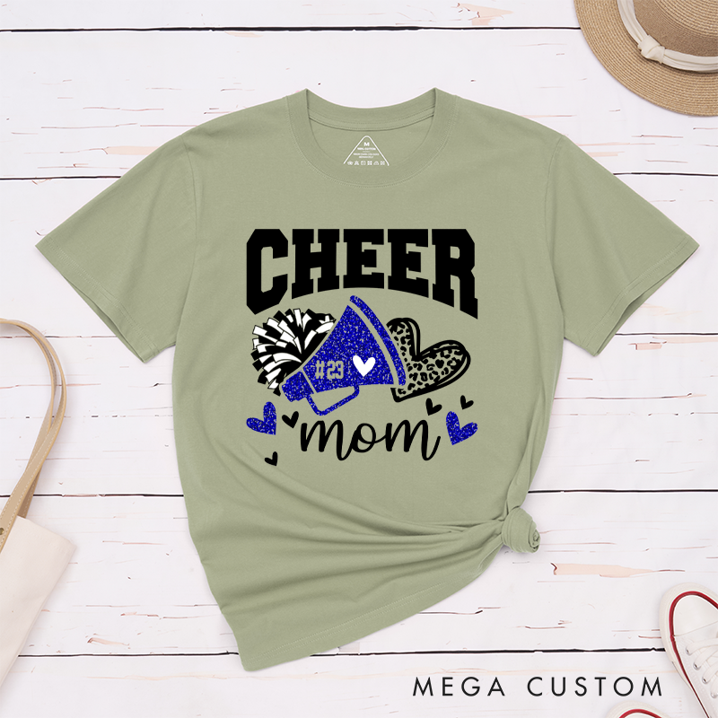 Personalized Cheer Mom T-Shirts Featuring Custom Name - Leopard Glitter Print Heart T-Shirt
