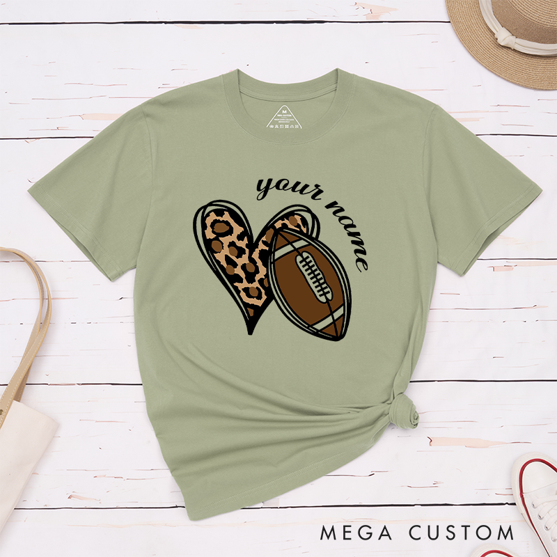 Personalized American Football and Rugby Leopard Love T-Shirts Featuring Custom Name