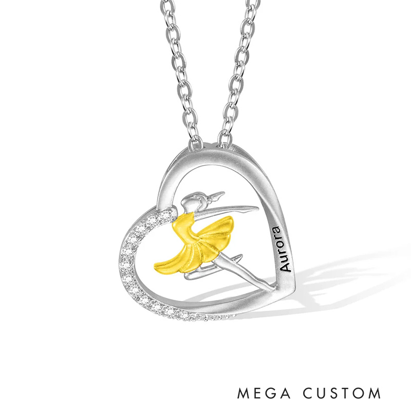 Personalized Ballet Dancing Girl Necklace Engraved Name Heart Pendant Jewelry Gift for Ballerina Dancer Dance Lovers