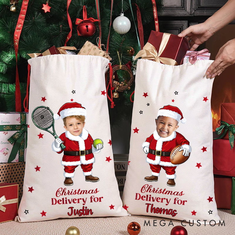 Personalized Santa Playing Sports Christmas Sack with Custom Name and Unique Photo