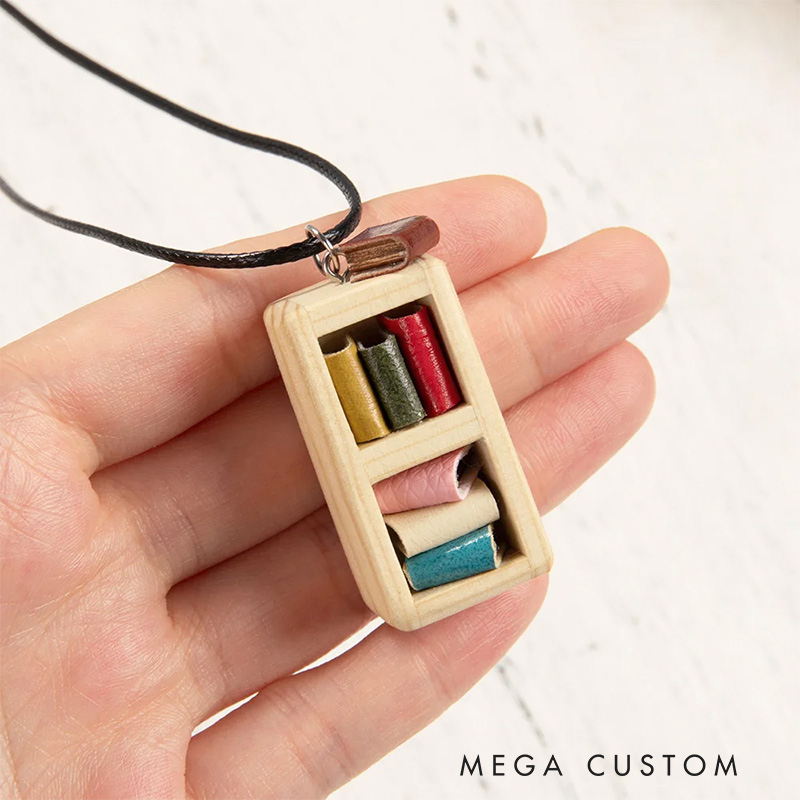 Personalized Handmade Miniature Bordeaux Bookshelf Necklace with Name Wooden Necklace with Name and Leather Books Gift for Bookworms Book Lovers Gift