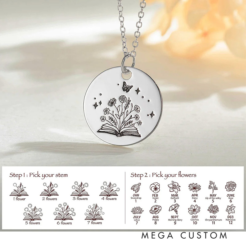Personalized Open Book Birth Flower Bouquet Necklace Engraved Necklace with Name Text Birthday Gift for Book Lover Librarian Gift