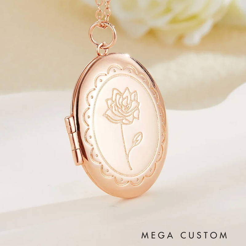 Personalized Engraved Birth Flower Locket Necklace with Photo and Initial Mother's Day Birthday Gift for Women Gardening Lovers
