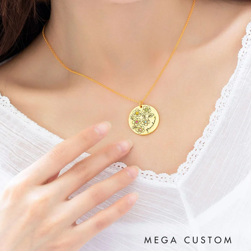 Personalized Family Birthstone Sakura Flower Necklace with Engraved Name Dainty Jewelry Mother's Day Birthday Gift for Her