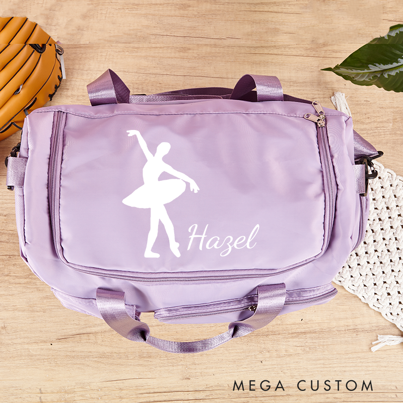 Personalized Ballet Silhouette Name Waterproof Large Travel Duffle Bag Dance Bag with Shoe Compartment and Shoulder Strap for Dance Lover