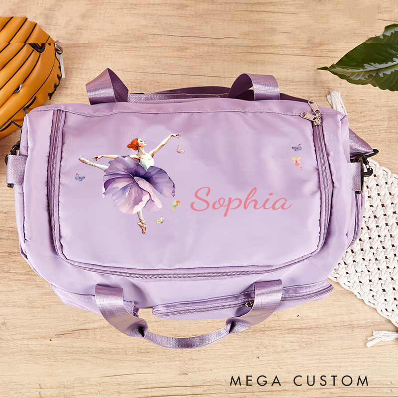 Personalized Ballet Girl Birth Flower Butterfly Waterproof Large Travel Duffle Bag Dance Bag with Shoe Compartment and Shoulder Strap for Dance Lover