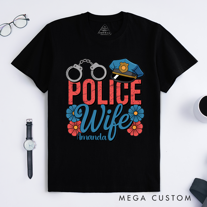 Personalized Police Wife T-Shirt with Handcuff, Hat, and Floral Design Gift for Proud Law Enforcement Wives