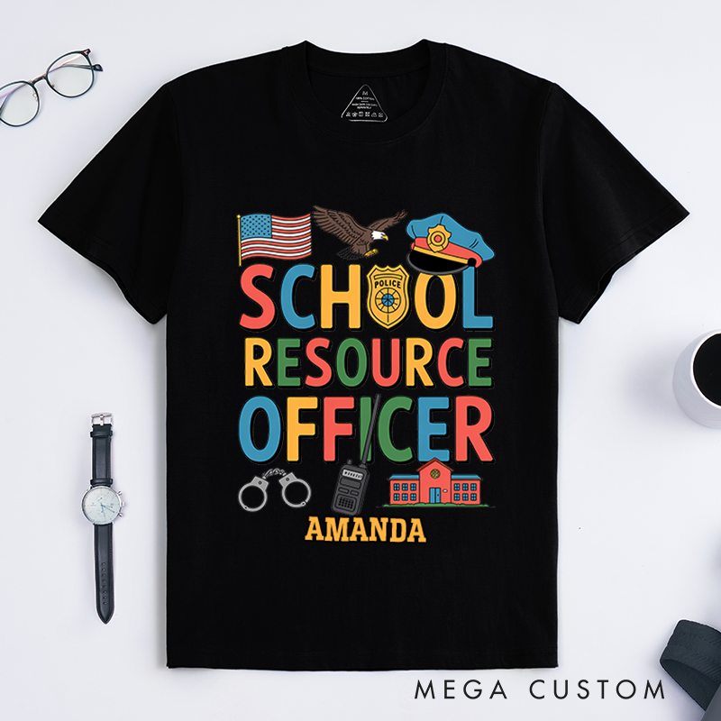Personalized School Resource Officer T-Shirt with Colorful Design Featuring Police and School Elements Gift for SROs