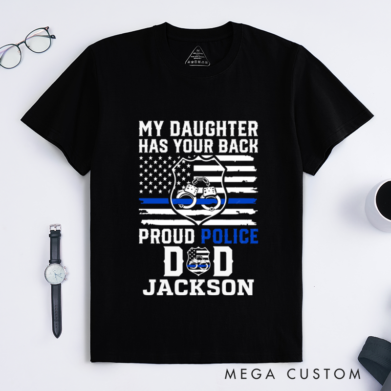Personalized Proud Police Dad T-Shirt with Thin Blue Line Flag and Handcuff Design Gift for Fathers of Officers
