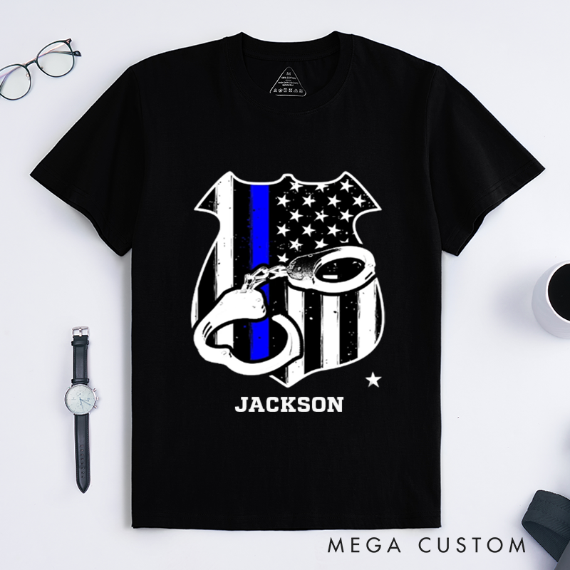 Personalized Thin Blue Line Police Shield T-Shirt with Handcuff and American Flag Design Gift for Law Enforcement Supporters