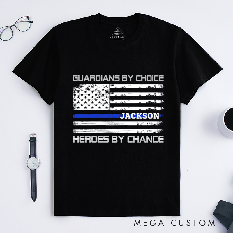 Personalized Guardians by Choice T-Shirt with Thin Blue Line American Flag Design Gift for Law Enforcement Supporters