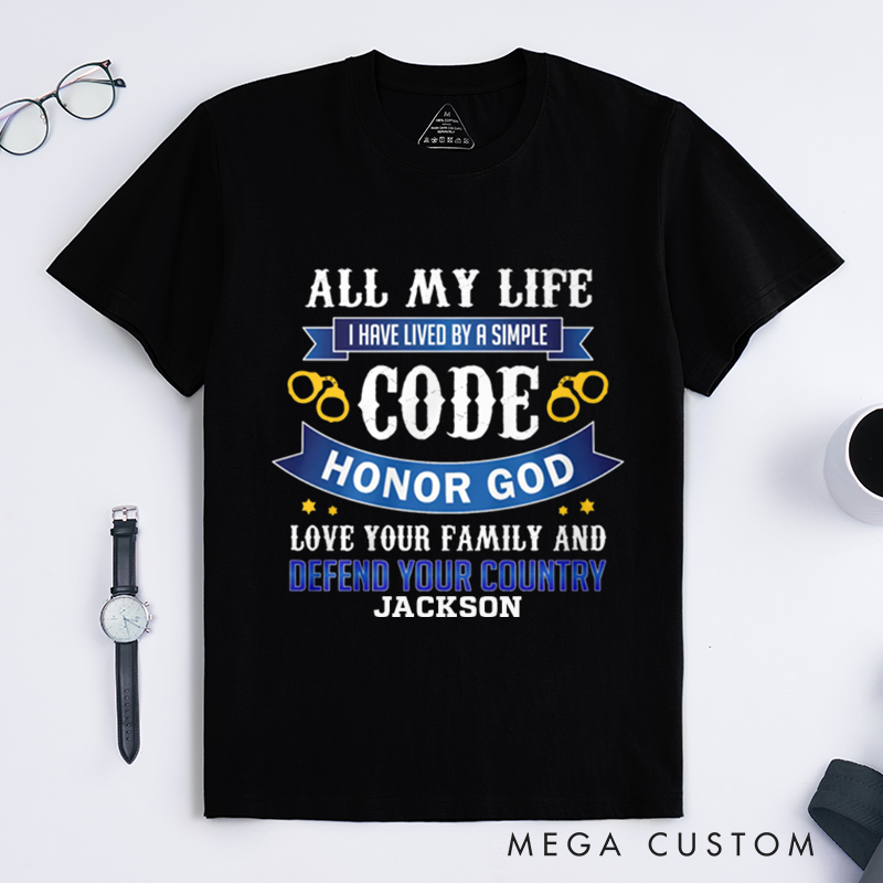 Personalized Simple Code T-Shirt God Family and Country Featuring Handcuffs Gift for Patriotic Law Enforcement Supporters