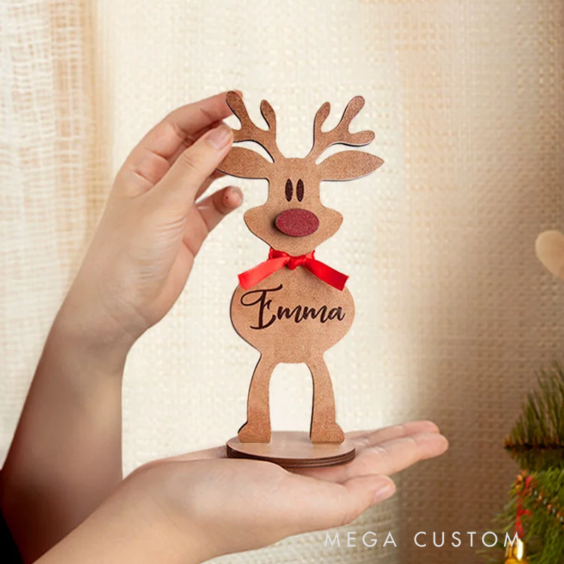 Personalisiertes Holz-Rentier mit Roter Nase und Schleife Tischdeko mit Namen Weihnachtsdeko Party Weihnachtsgeschenk für Familie Kinder