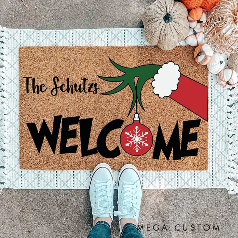 Personalized Green Welcome Christmas Door Mat Funny Holiday Welcome Mat With Santa Hat Green Inspired Doormat Cute Christmas Entry Rug Xmas Porch