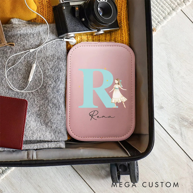 Personalized Classic Fairy Tale Character Leather Jewelry Box with LED Makeup Mirror Hair Pin Case Birthday Wedding Gift for Women