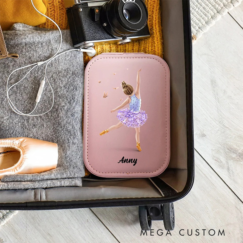 Personalized Cartoon Ballet Girl Leather Jewelry Box with LED Makeup Mirror Hair Pin Case Birthday Wedding Gift for Women