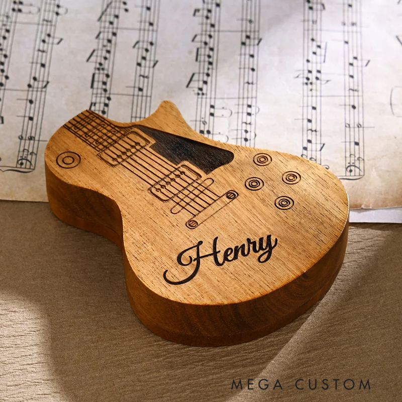 Personalized Wooden Guitar Picks with Storage Case Engraved Holder Box for Pick Set Gift for Guitar Player Musician Birthday Gift Idea